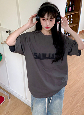 Sanjati crane幻影logo多色美式基础圆领短袖男女潮牌情侣宽松T恤