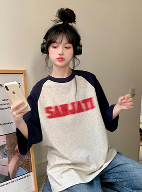 Sanjati crane美式幻影logo宽松圆领插肩短袖男女套头休闲T恤潮牌