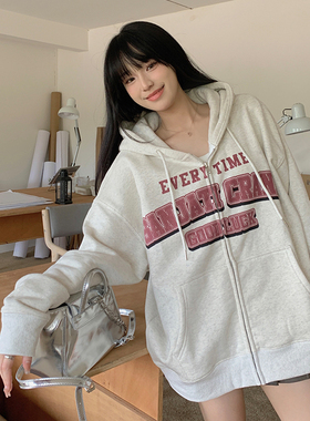 Sanjati crane美式logo拉链连帽卫衣新款男女情侣款帽衫加绒外套