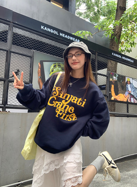 Sanjati crane美式经典logo圆领加绒休闲卫衣情侣上衣男女潮宽松