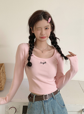 Sanjati crane美式logo方圆领紧身长袖修身内搭女辣妹短款上衣