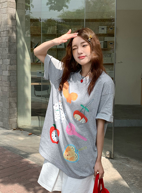 Sanjati樱桃狗狗短袖ins韩系宽松休闲上衣亲肤纯棉男女潮小众T恤