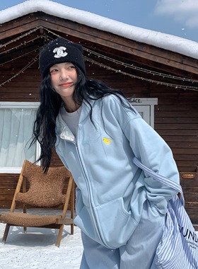 Sanjati美式碎花拼接帽衫加绒连帽拉链纯色宽松卫衣外套情侣男女