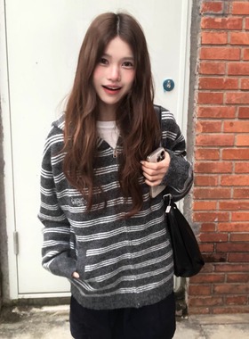 SANJATI 25FW条纹基础拉链毛衣连帽外套男女同款韩系慵懒感