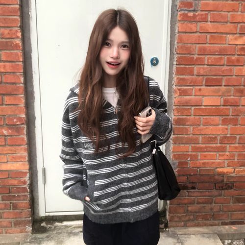 SANJATI 25FW条纹基础拉链毛衣连帽外套男女同款韩系慵懒感