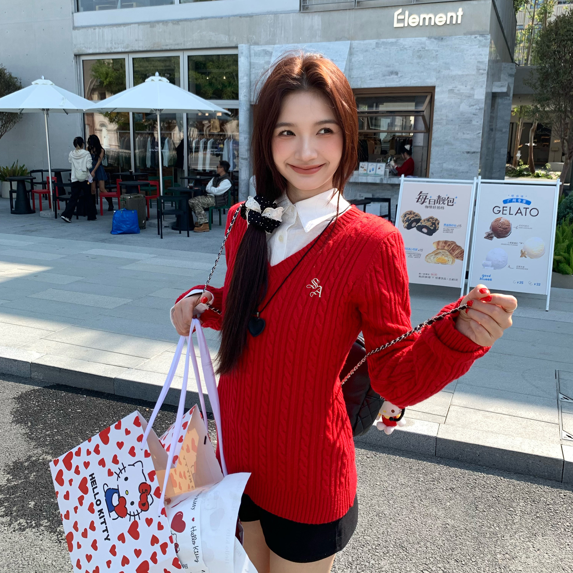 SANJATI 26SS 新年红条纹针织毛衣 LOGO简约女款修身,女装/女士精品,毛衣,淘宝优惠券,粉丝福利购,淘宝优惠卷