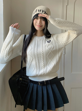 Sanjati crane美式复古麻花针织衫圆领修身潮牌女休闲绞花毛衣