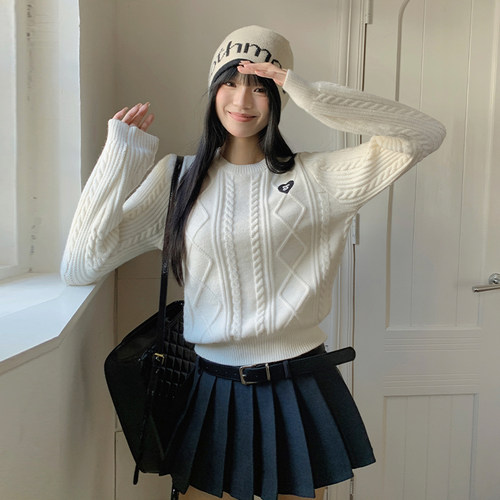 sanjati毛衣圆领麻花针织衫美式