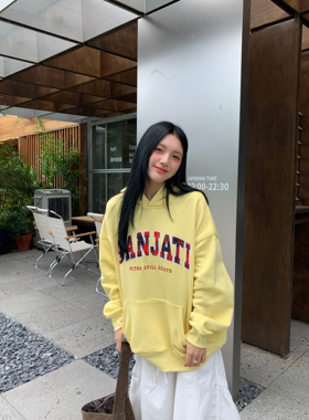 Sanjati crane美式格子贴布刺绣加绒休闲连帽卫衣帽衫情侣男女潮