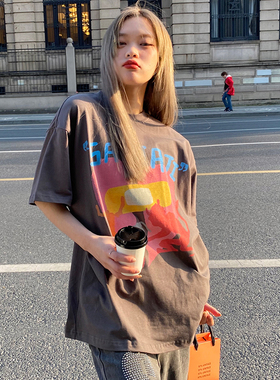 Sanjati crane爱心心碎人物涂鸦印花宽松圆领短袖男女嘻哈t恤国潮