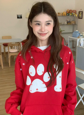 SANJATI 25FW美式发泡雪花猫爪连帽帽衫情侣男女同款宽松毛圈卫衣