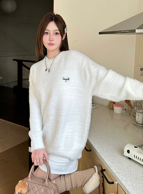 Sanjati crane美式圆领貂毛毛衣温柔纯欲风针织衫女辣妹慵懒毛衣