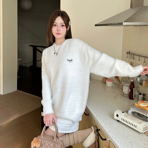 sanjati休闲毛衣貂毛圆领