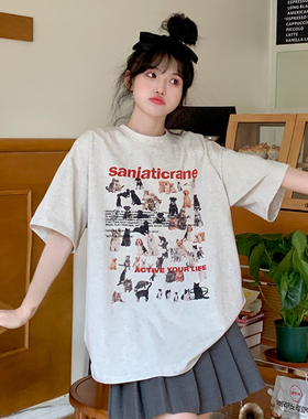 Sanjati crane美式卡通可爱动物汇猫咪狗狗男女宽松休闲圆领短袖T