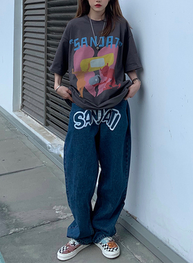Sanjati crane新款卡通logo印花休闲宽松长裤男女情侣直筒牛仔裤