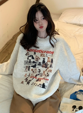 Sanjati crane美式卡通可爱动物汇猫咪狗狗男女宽松套头圆领卫衣