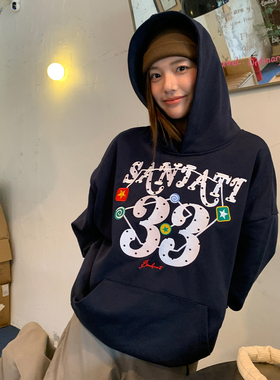 SANJATI 25FW美式复古33LOGO刺绣连帽帽衫 情侣男女同款宽松加绒