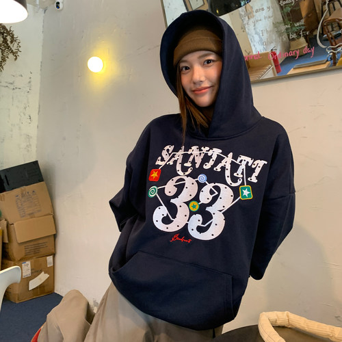 SANJATI 25FW美式复古33LOGO刺绣连帽帽衫 情侣男女同款宽松加绒