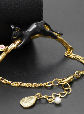 水晶珍珠黑色猫咪动物半手镯手链