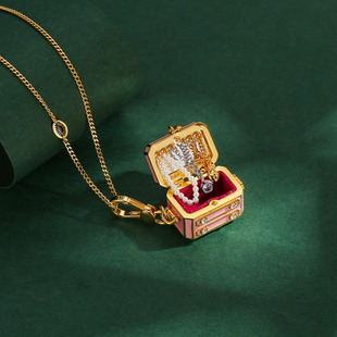 甜美轻奢珐琅可开合镜子首饰盒吊坠项链爱心小锁箱子珍珠水晶挂坠