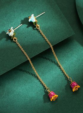 森系创意珐琅牵牛花长款紫色铃兰花朵流苏925银针耳钉无耳洞耳夹