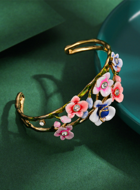 原创设计珐琅彩水晶珍珠粉紫色渐变兰花宽版开口手镯时尚花朵手饰