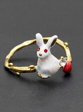 爱心白色兔子开口可调节戒指水晶