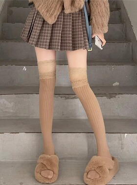 蕾丝花边长筒袜女秋冬日系JK学院风黑色过膝袜长筒堆堆袜拼接棉袜