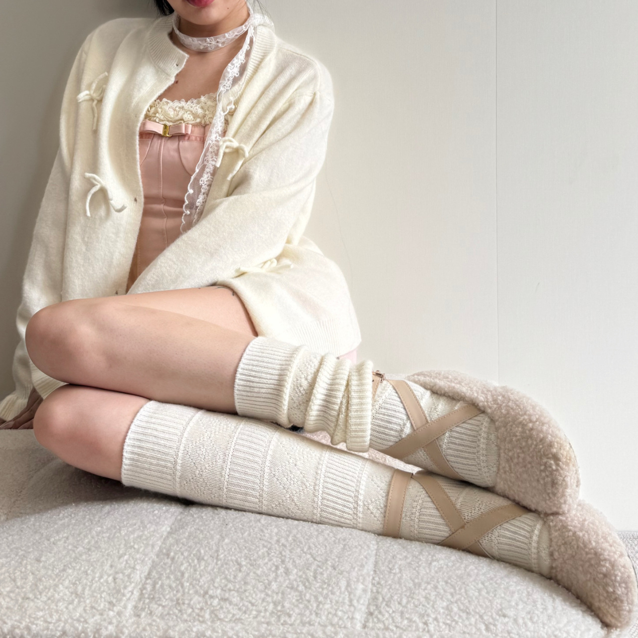 秋冬羊驼绒粗针钩花重工毛线针织小腿袜显瘦保暖堆堆袜雪地靴袜