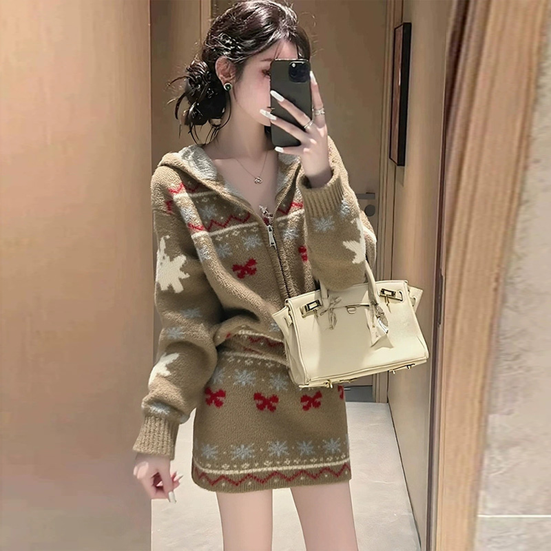 复古提花连帽毛衣针织开衫短裙