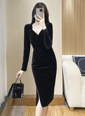 伊乐朵赫本丝绒洋气黑色礼服裙女