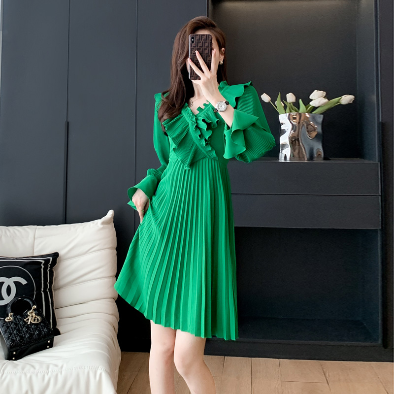 法式气质收腰显瘦长袖百褶裙子女