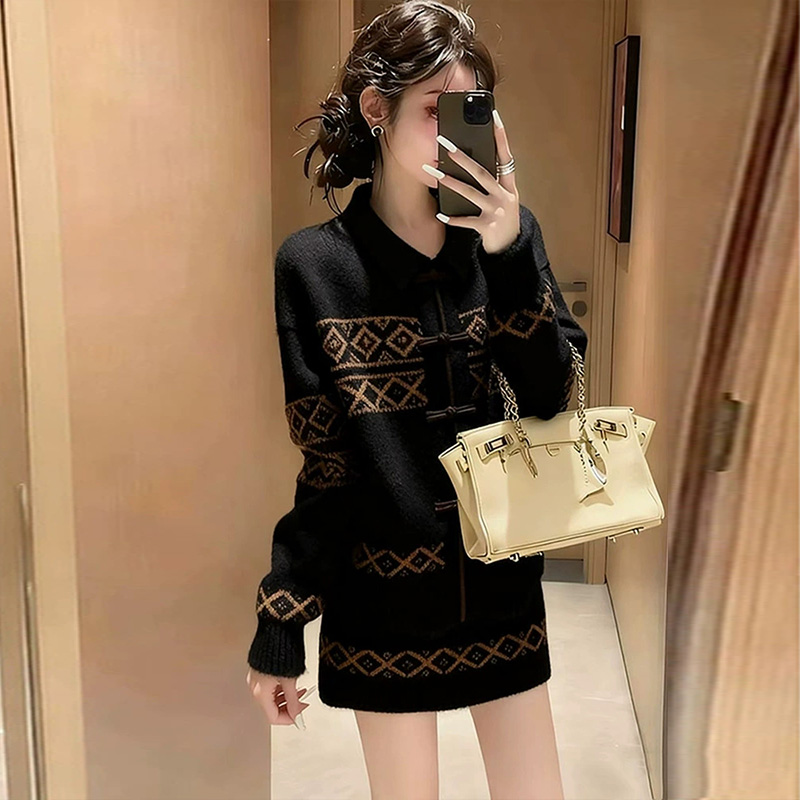 新中式国风盘扣针织毛衣短裙套装