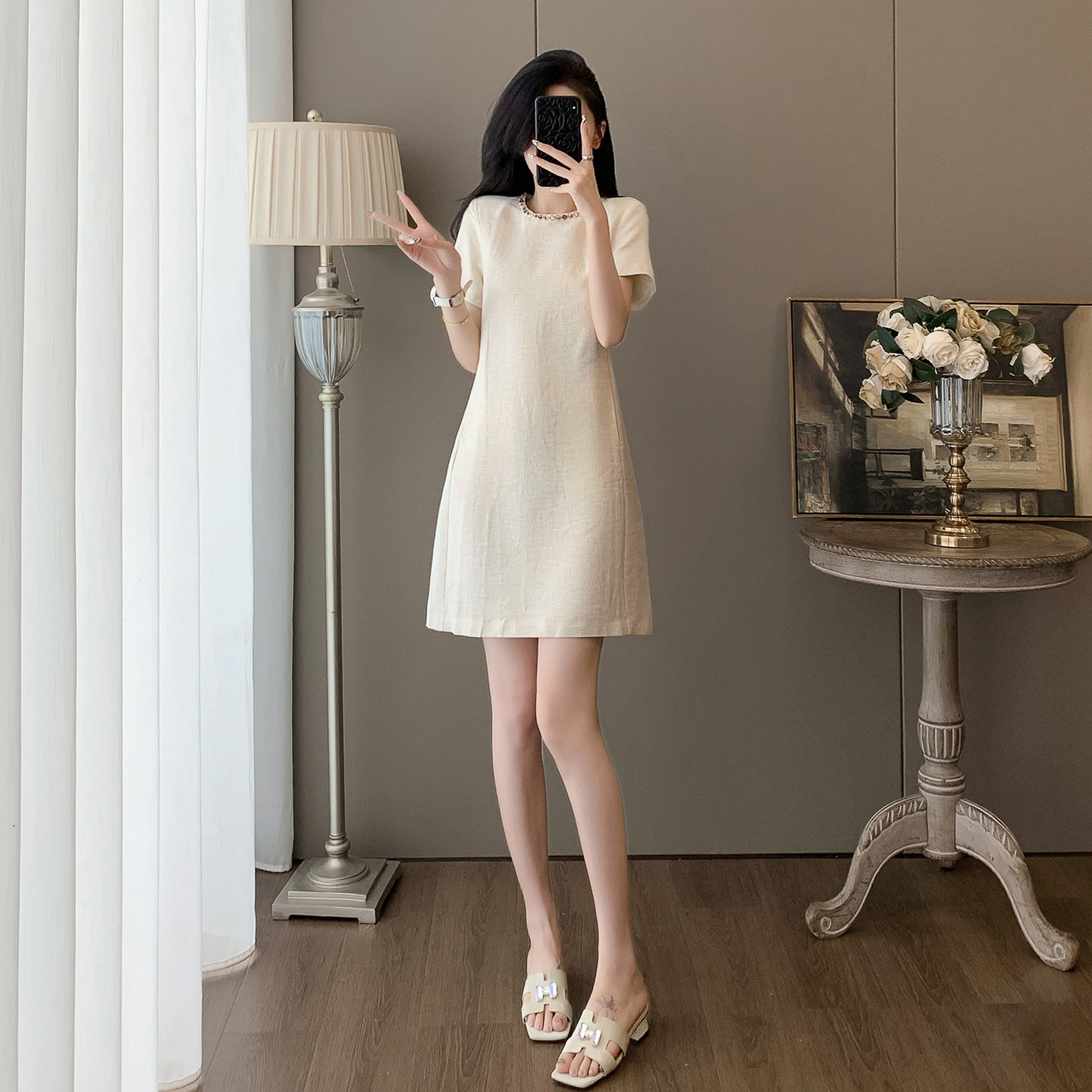 高级感小香风杏色亚麻短袖连衣裙女夏季简约气质宽松显瘦A字短裙,女装/女士精品,真丝上装,淘宝优惠券,粉丝福利购,淘宝优惠卷