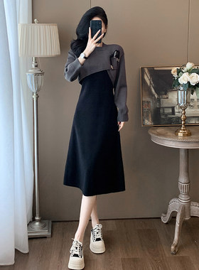 针织长袖坎肩背心长裙两件套女