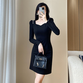小个子显瘦包臀短款 修身 连衣裙女 复古赫本订钻黑色长袖 23秋冬新款