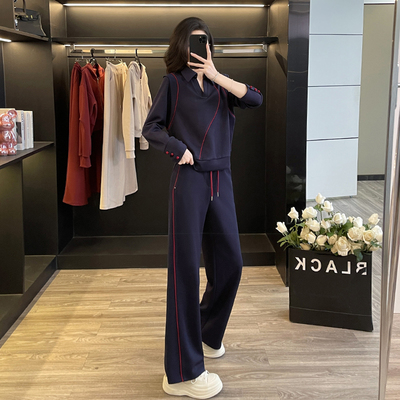 藏蓝色长袖上衣阔腿长裤时尚休闲套装女2024新款一整套秋冬季穿搭