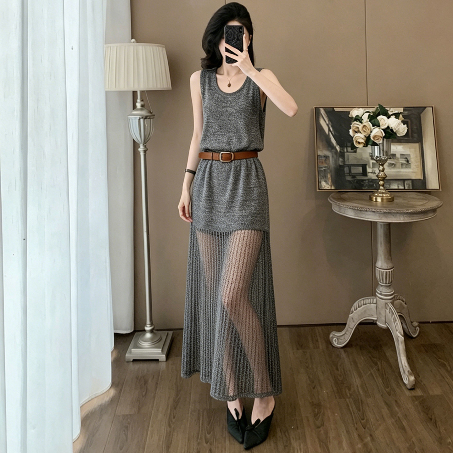 日常穿搭无袖针织薄款连衣裙女图片