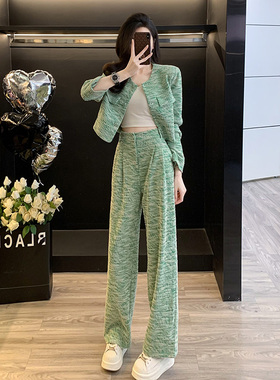 小香风短外套搭配阔腿裤两件套女