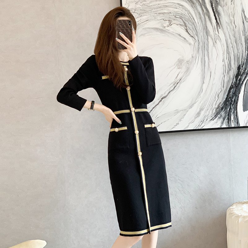 小香风长款修身针织女小黑连衣裙