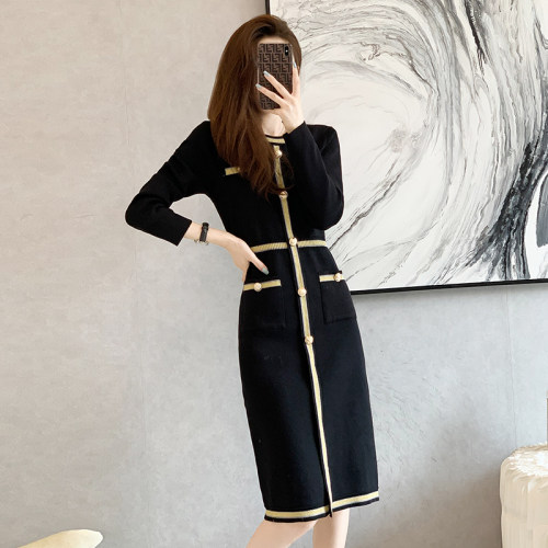小香风长款修身针织女小黑连衣裙