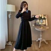 黑色连衣裙时髦洋气撞色领口修身 法式 显瘦绑带小黑裙 新款 2023秋季