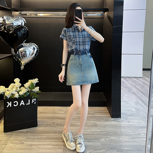 牛仔半身裙两件套装 港风复古蓝色格子polo领短袖 修身 衬衫 高腰短款