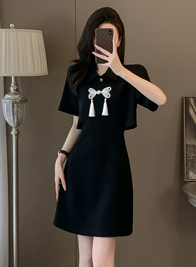 黑色POLO领连衣裙女夏季新款显瘦显高洋气减龄分段式露腰休闲裙子