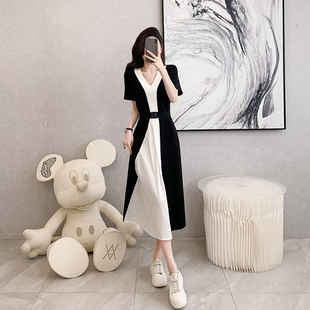 拼色收腰通勤端庄过膝A字连衣裙女 黑白撞色长裙短袖 2025夏季 新款