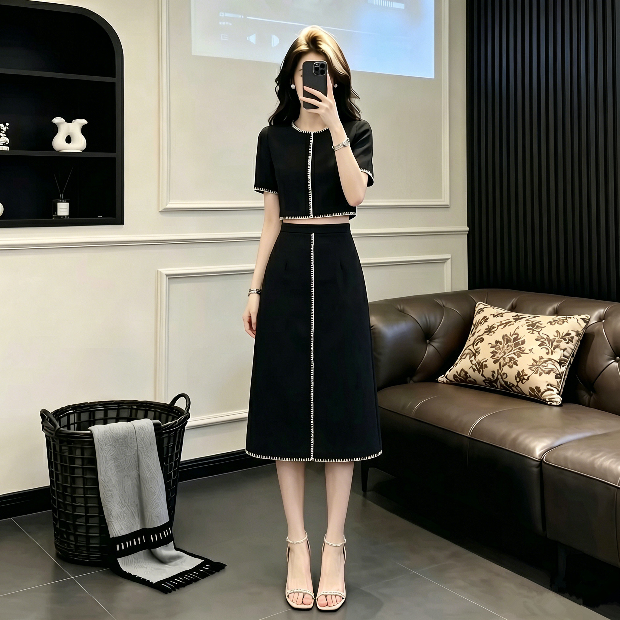 设计感御姐气质黑色套装裙子女夏季新款简约短款上衣半身裙两件套