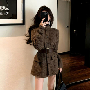 高领针织长袖连衣裙女秋冬小个子复古气质收腰开衫毛衣外套短裙子