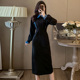 裙子修身 秋冬撞色领口减龄洋气中长款 显瘦 黑色连衣裙2023新款 法式