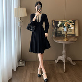 法式 高级感蕾丝拼接收腰显瘦百褶连衣裙 复古赫本风小黑裙子女秋季