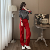冬装 时髦两件套 搭配一整套女加绒加厚螺纹领口卫衣红色高腰阔腿裤